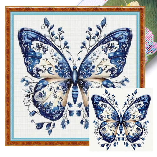 Blue And White Butterfly - 11CT Stamped Cross Stitch 50*50CM