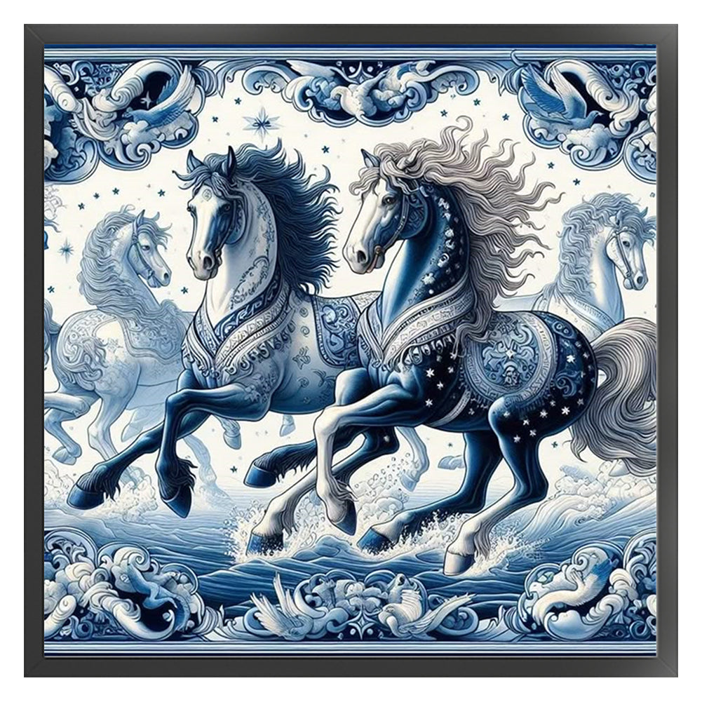Blue And White Horse - 11CT Stamped Cross Stitch 50*50CM