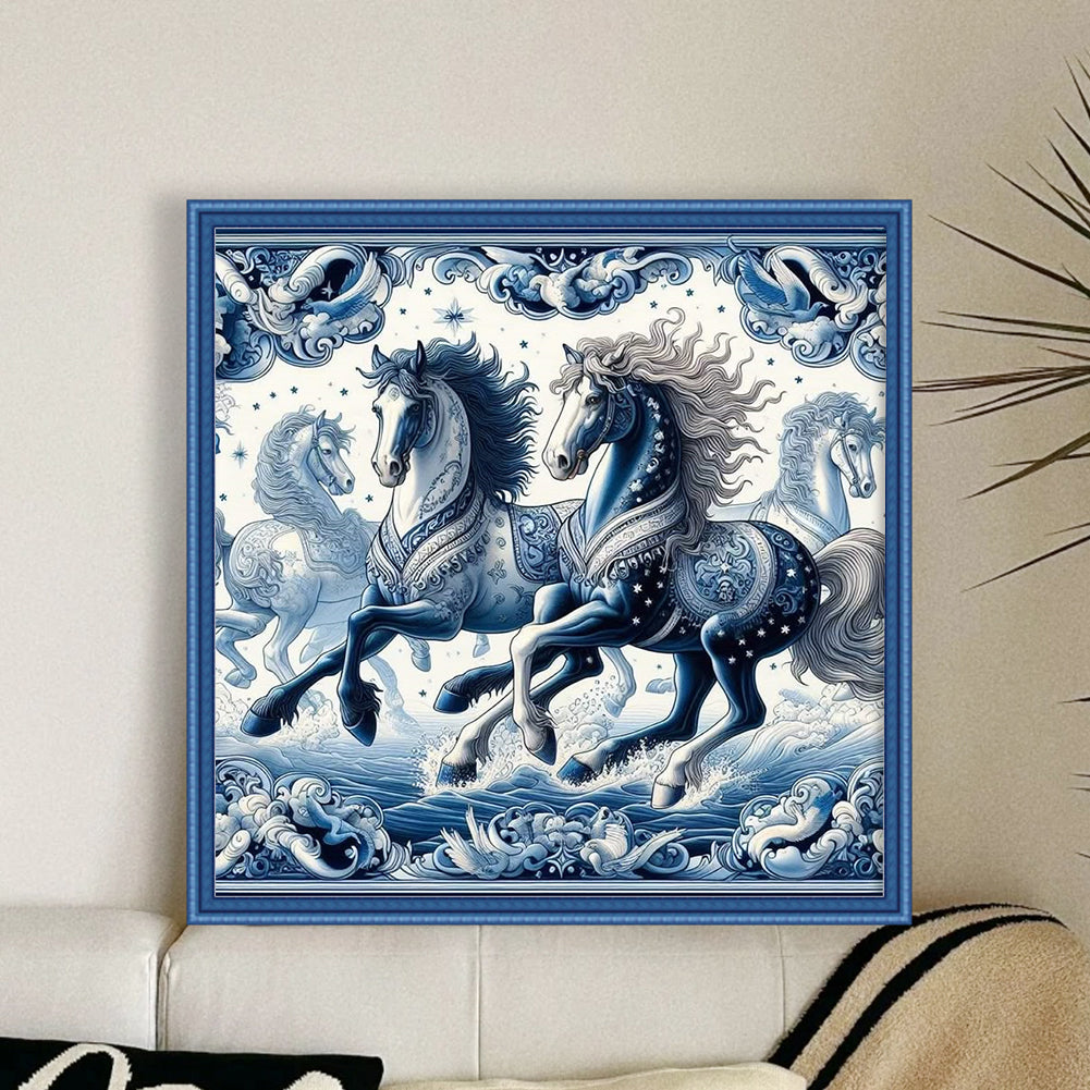 Blue And White Horse - 11CT Stamped Cross Stitch 50*50CM