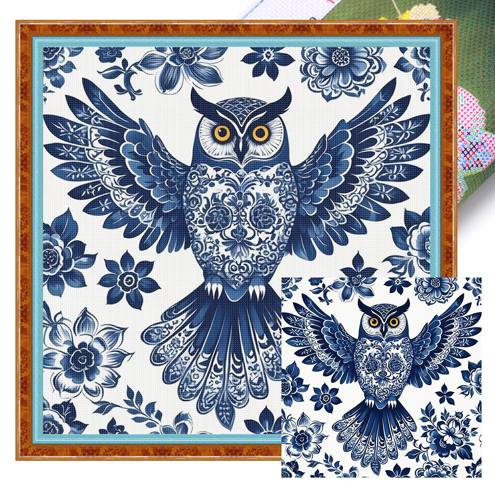 Blue And White Owl - 11CT Stamped Cross Stitch 50*50CM