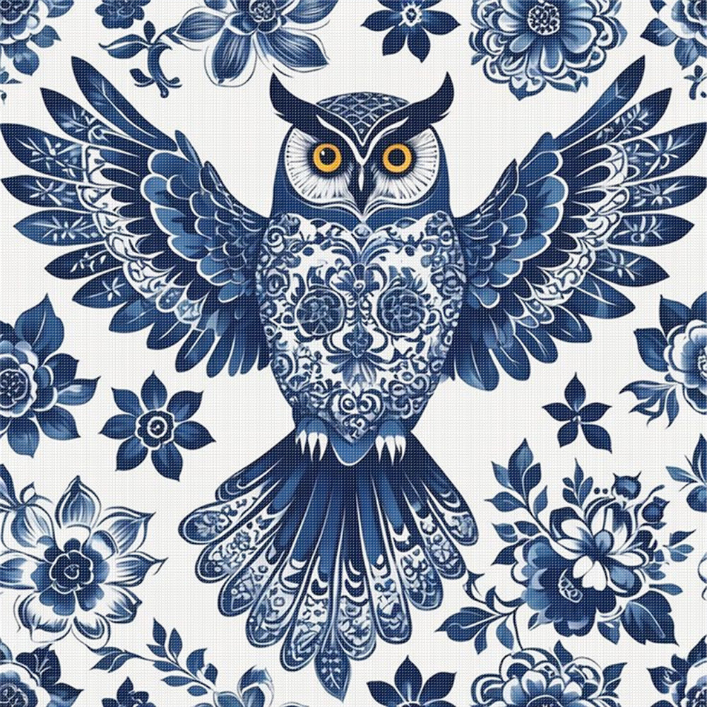Blue And White Owl - 11CT Stamped Cross Stitch 50*50CM