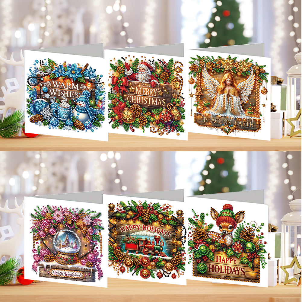 6PCS DIY Diamond Art Greeting Cards Xmas Designs for Festivals and Celebrations