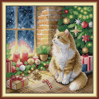 Christmas Cat - 14CT Stamped Cross Stitch 42*43CM (Joy Sunday)