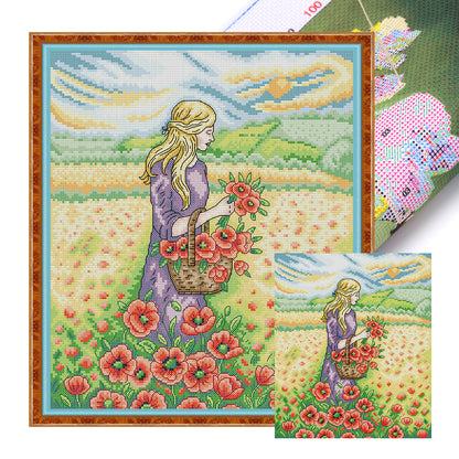 Girl Picking Flowers - 14CT Stamped Cross Stitch 31*34CM (Joy Sunday)