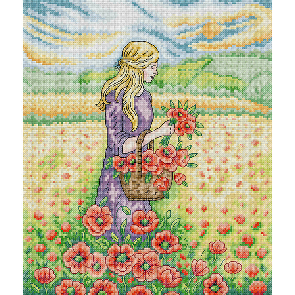 Girl Picking Flowers - 14CT Stamped Cross Stitch 31*34CM (Joy Sunday)