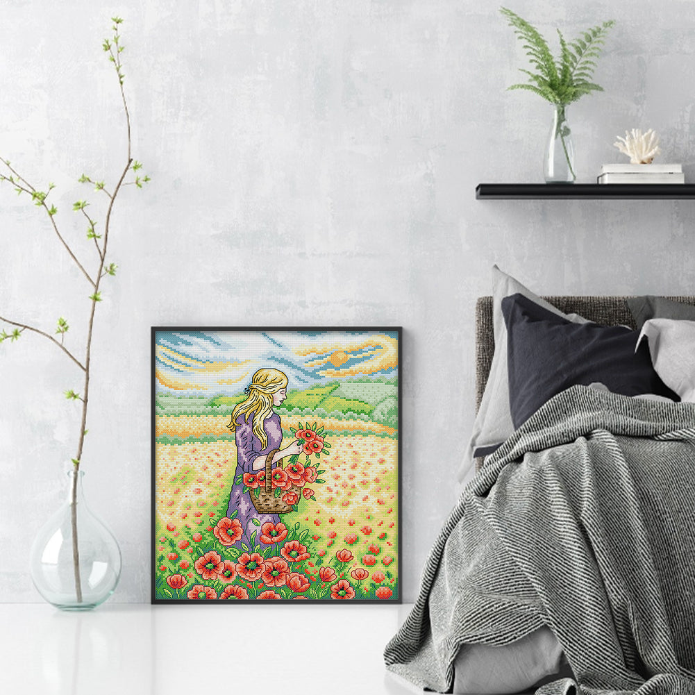 Girl Picking Flowers - 14CT Stamped Cross Stitch 31*34CM (Joy Sunday)