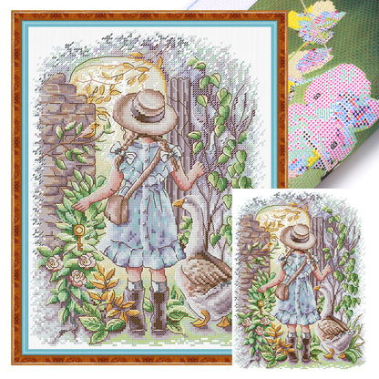 Girl And Goose - 14CT Stamped Cross Stitch 28*35CM (Joy Sunday)