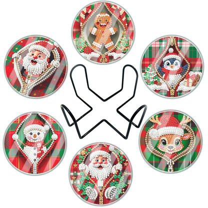 6pcs Set Xmas Theme DIY Diamond Painting Coasters Kit with Holder for Craft Gift