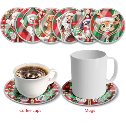 6pcs Set Xmas Theme DIY Diamond Painting Coasters Kit with Holder for Craft Gift