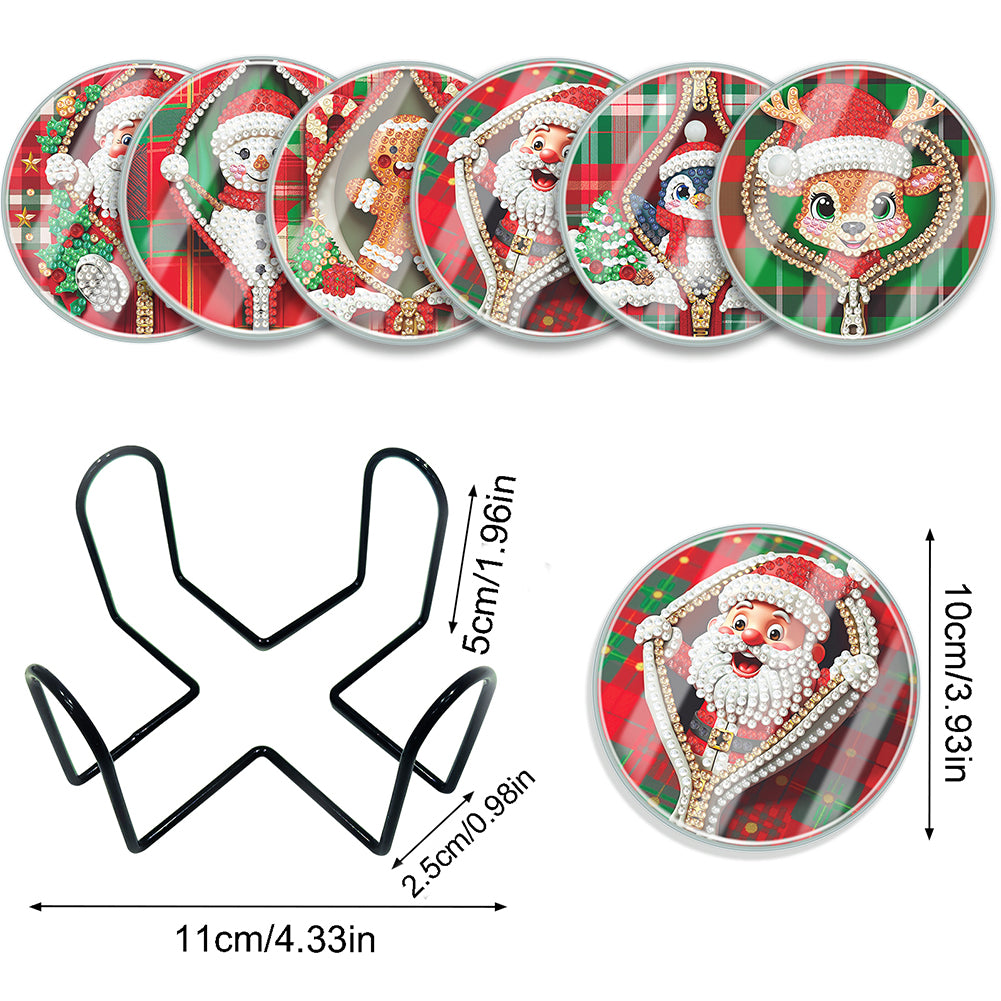 6pcs Set Xmas Theme DIY Diamond Painting Coasters Kit with Holder for Craft Gift