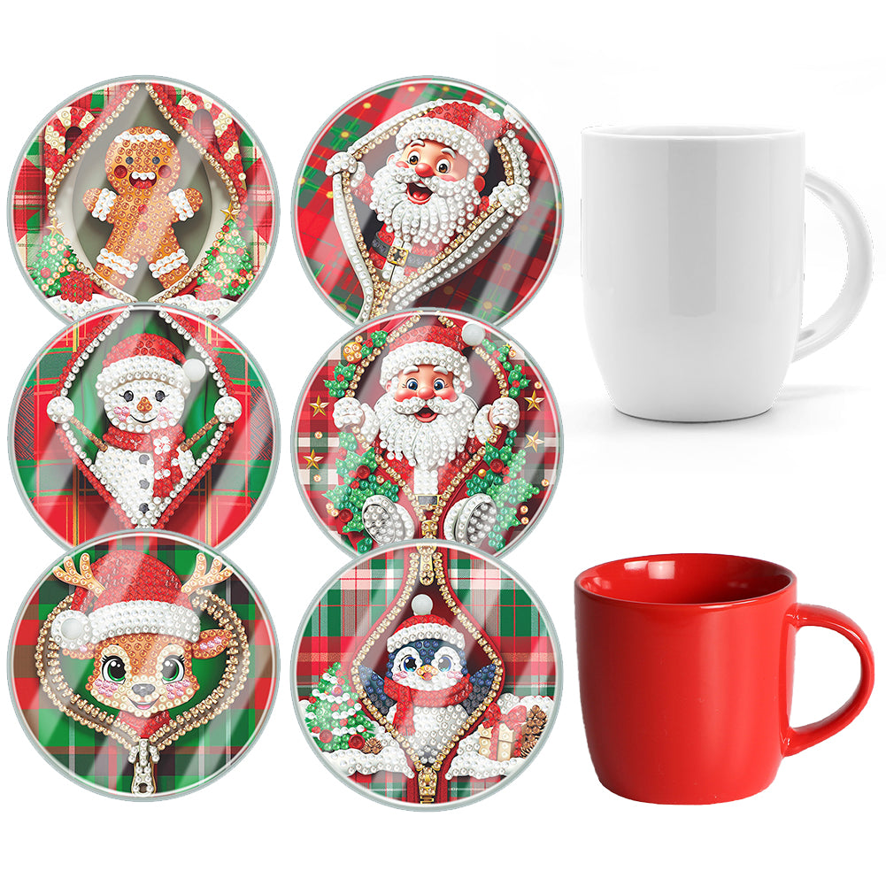 6pcs Set Xmas Theme DIY Diamond Painting Coasters Kit with Holder for Craft Gift
