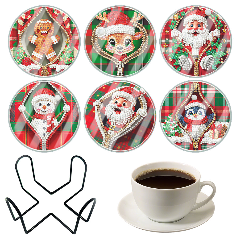6pcs Set Xmas Theme DIY Diamond Painting Coasters Kit with Holder for Craft Gift