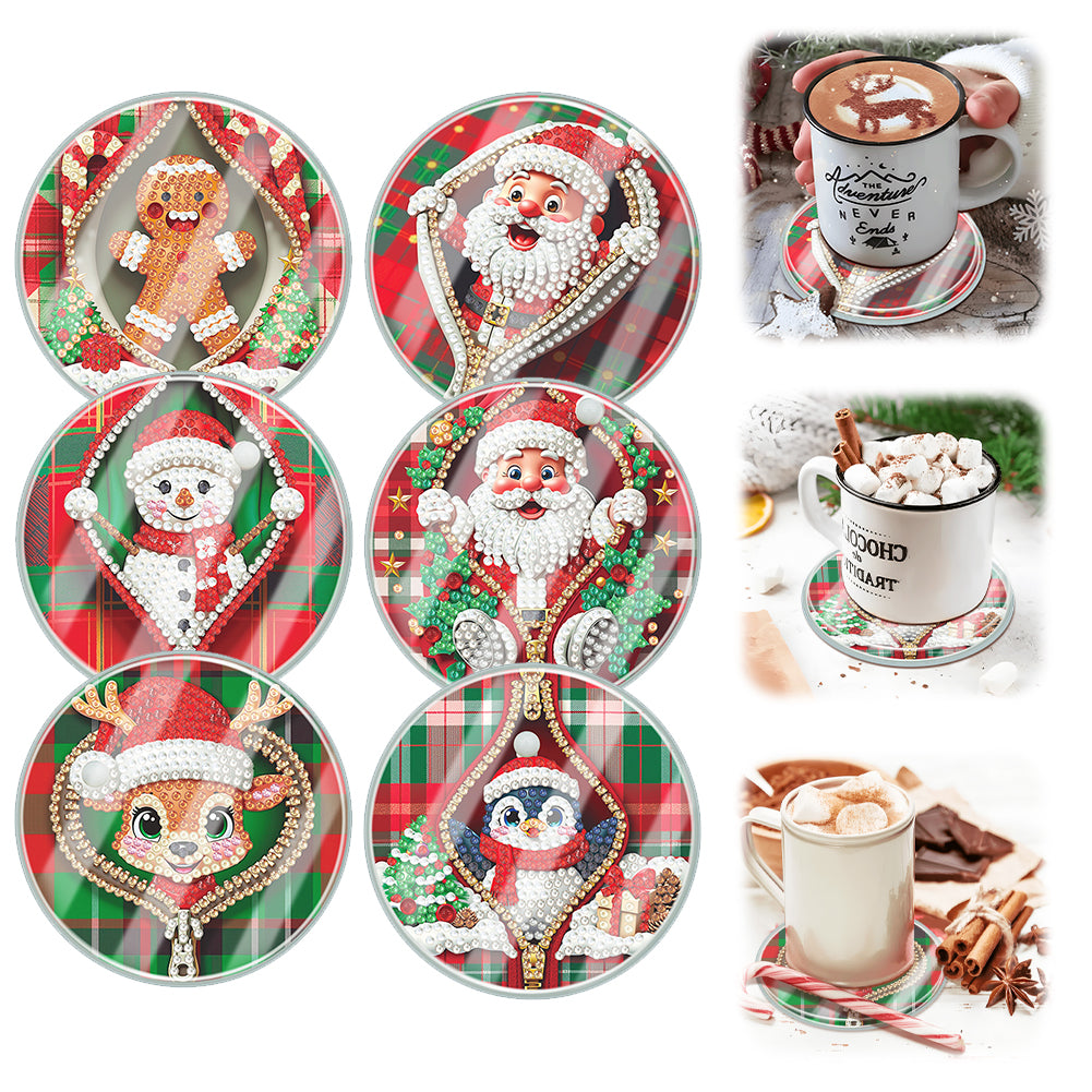 6pcs Set Xmas Theme DIY Diamond Painting Coasters Kit with Holder for Craft Gift