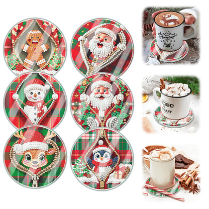 6pcs Set Xmas Theme DIY Diamond Painting Coasters Kit with Holder for Craft Gift