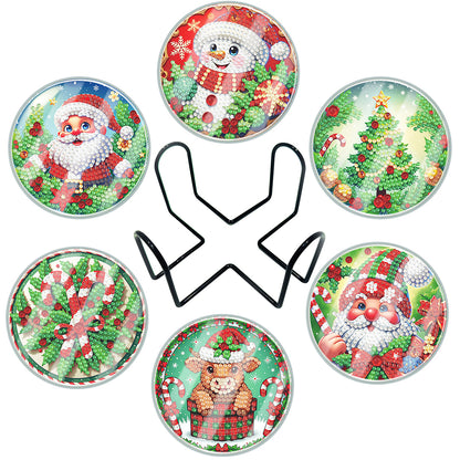 6pcs Set Xmas Theme DIY Diamond Painting Coasters Kit with Holder for Craft Gift