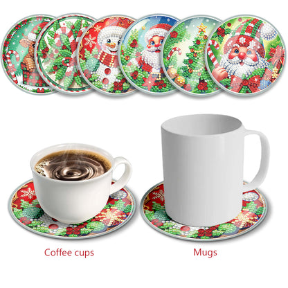 6pcs Set Xmas Theme DIY Diamond Painting Coasters Kit with Holder for Craft Gift