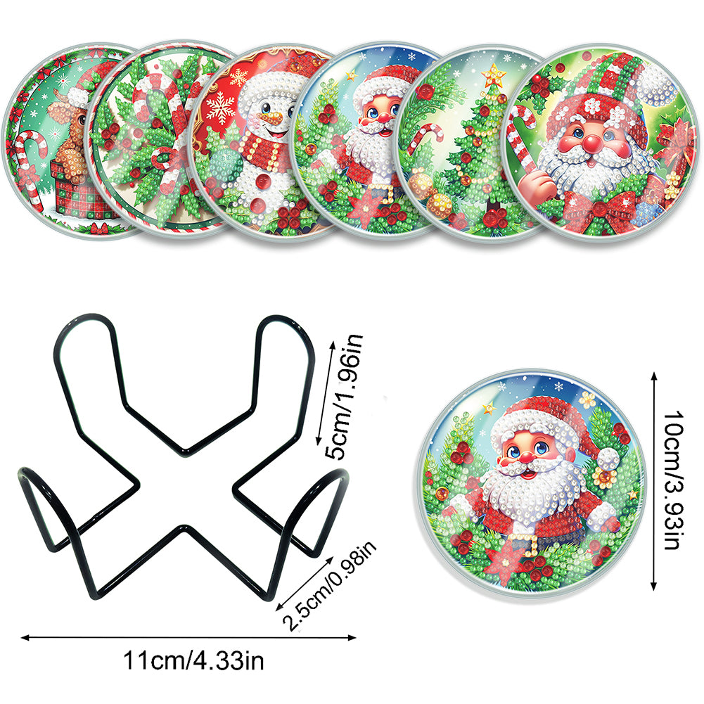6pcs Set Xmas Theme DIY Diamond Painting Coasters Kit with Holder for Craft Gift
