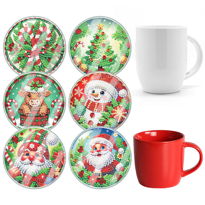 6pcs Set Xmas Theme DIY Diamond Painting Coasters Kit with Holder for Craft Gift