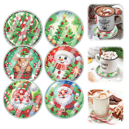 6pcs Set Xmas Theme DIY Diamond Painting Coasters Kit with Holder for Craft Gift