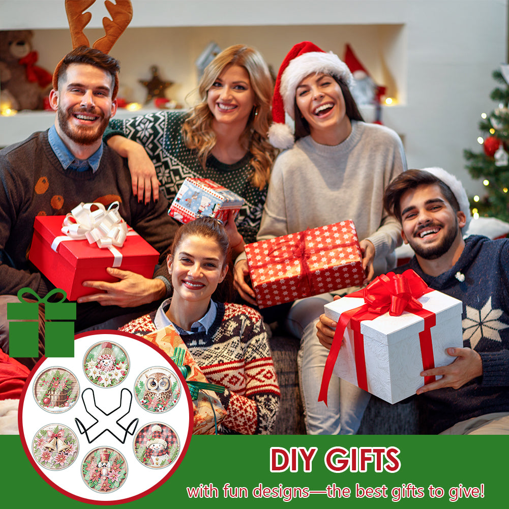 6pcs Set Xmas Theme DIY Diamond Painting Coasters Kit with Holder for Craft Gift