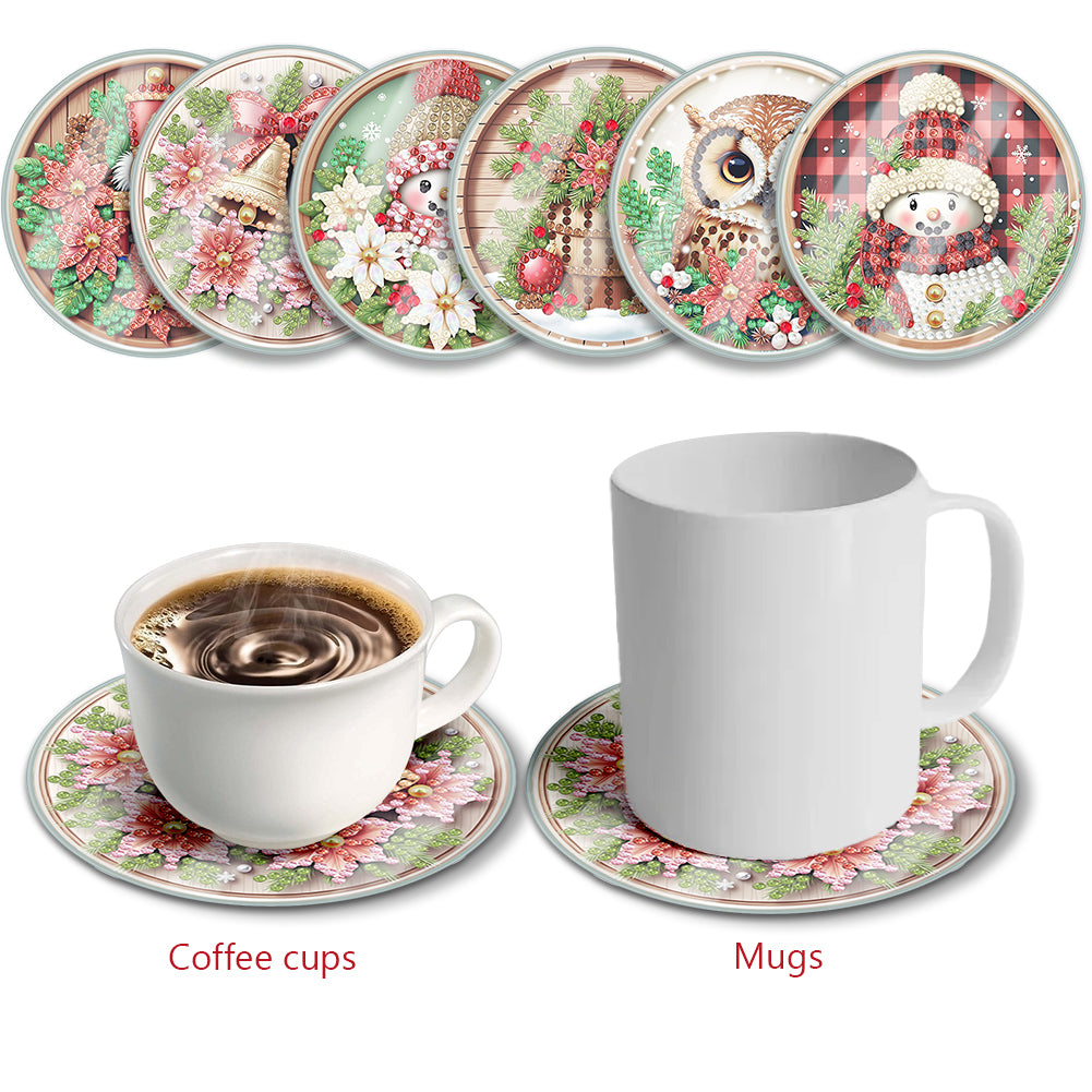 6pcs Set Xmas Theme DIY Diamond Painting Coasters Kit with Holder for Craft Gift