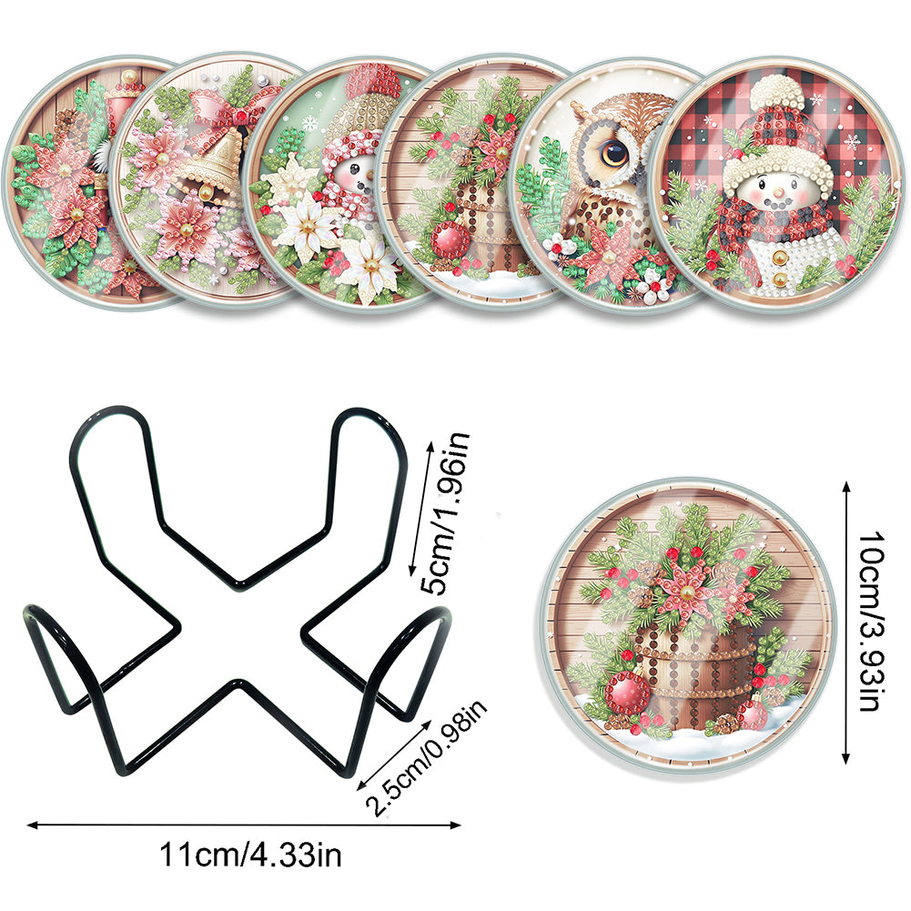 6pcs Set Xmas Theme DIY Diamond Painting Coasters Kit with Holder for Craft Gift