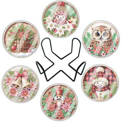6pcs Set Xmas Theme DIY Diamond Painting Coasters Kit with Holder for Craft Gift