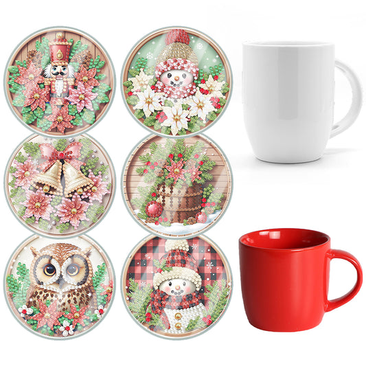 6pcs Set Xmas Theme DIY Diamond Painting Coasters Kit with Holder for Craft Gift