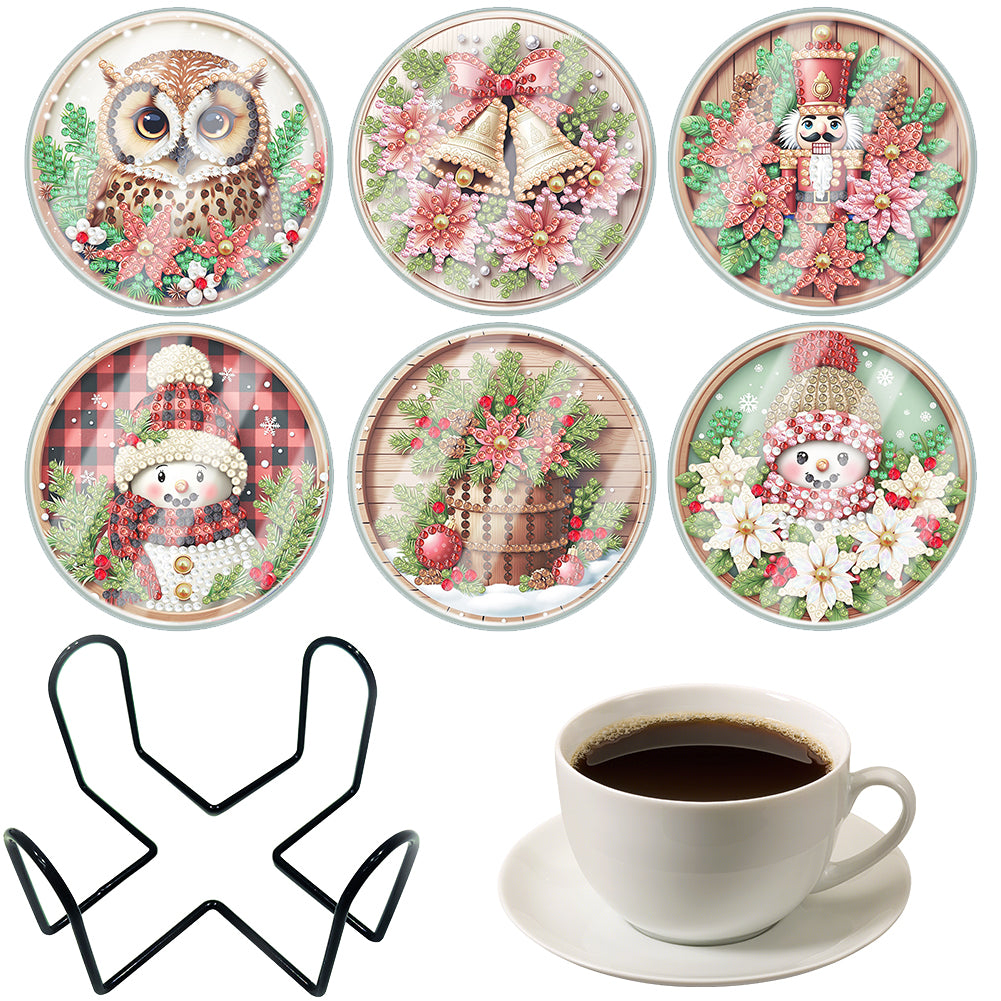 6pcs Set Xmas Theme DIY Diamond Painting Coasters Kit with Holder for Craft Gift