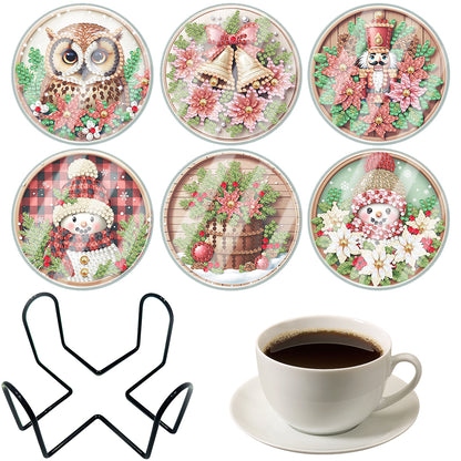6pcs Set Xmas Theme DIY Diamond Painting Coasters Kit with Holder for Craft Gift
