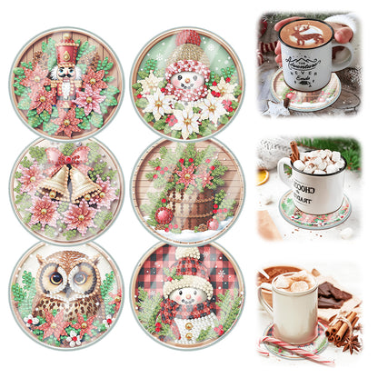 6pcs Set Xmas Theme DIY Diamond Painting Coasters Kit with Holder for Craft Gift