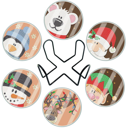 6pcs Set Xmas Theme DIY Diamond Painting Coasters Kit with Holder for Craft Gift