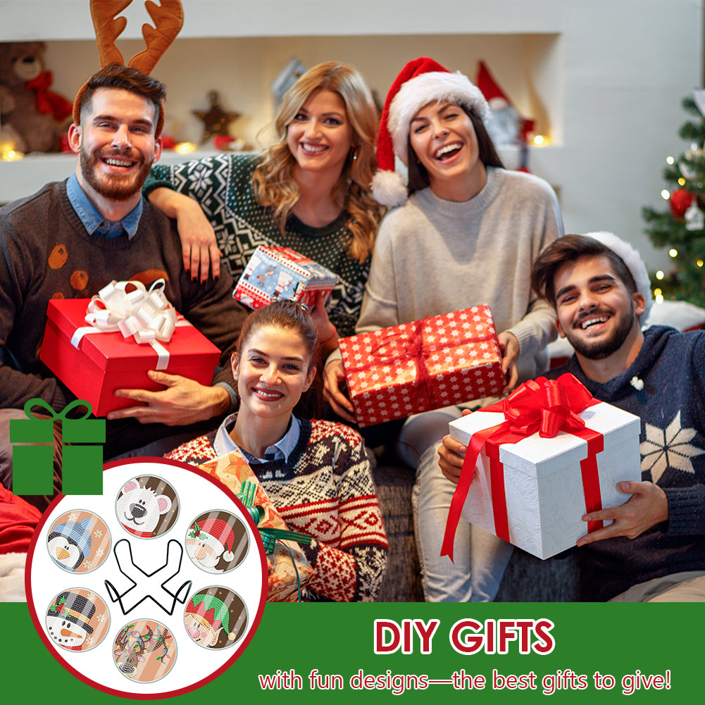 6pcs Set Xmas Theme DIY Diamond Painting Coasters Kit with Holder for Craft Gift