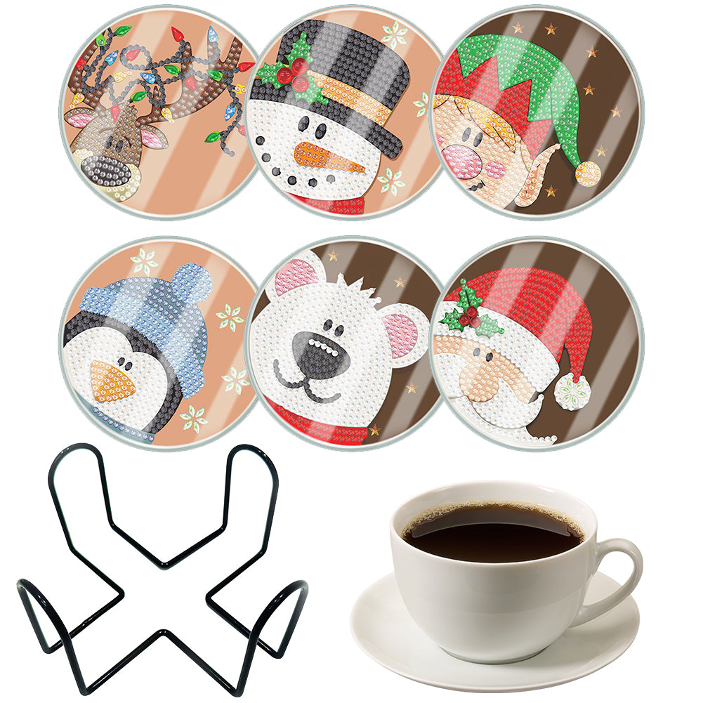 6pcs Set Xmas Theme DIY Diamond Painting Coasters Kit with Holder for Craft Gift