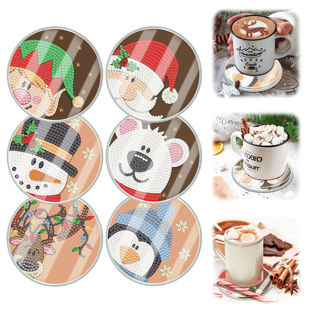 6pcs Set Xmas Theme DIY Diamond Painting Coasters Kit with Holder for Craft Gift