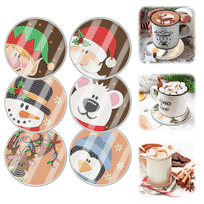 6pcs Set Xmas Theme DIY Diamond Painting Coasters Kit with Holder for Craft Gift