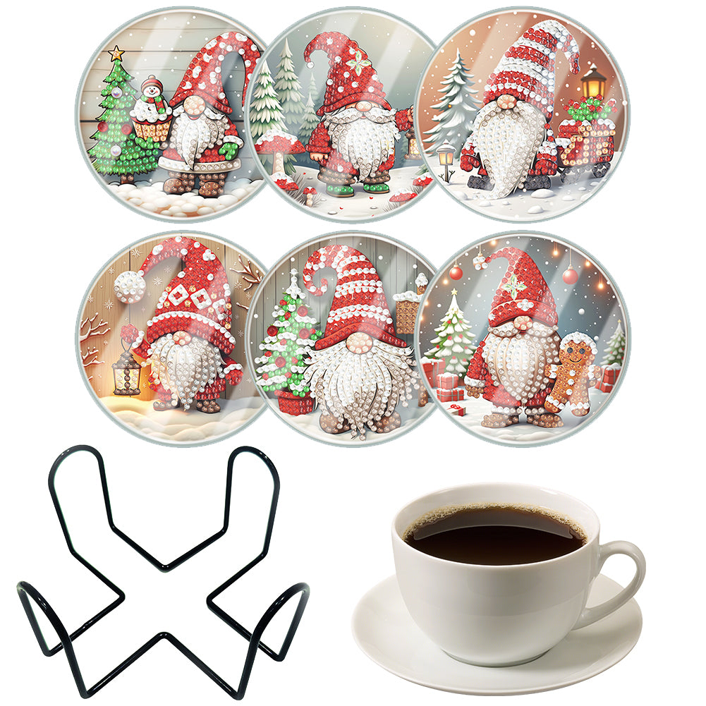 6pcs Set Xmas Theme DIY Diamond Painting Coasters Kit with Holder for Craft Gift