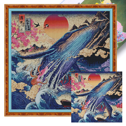 Sunset Shark Ukiyoe - 14CT Stamped Cross Stitch 75*75CM (Joy Sunday)