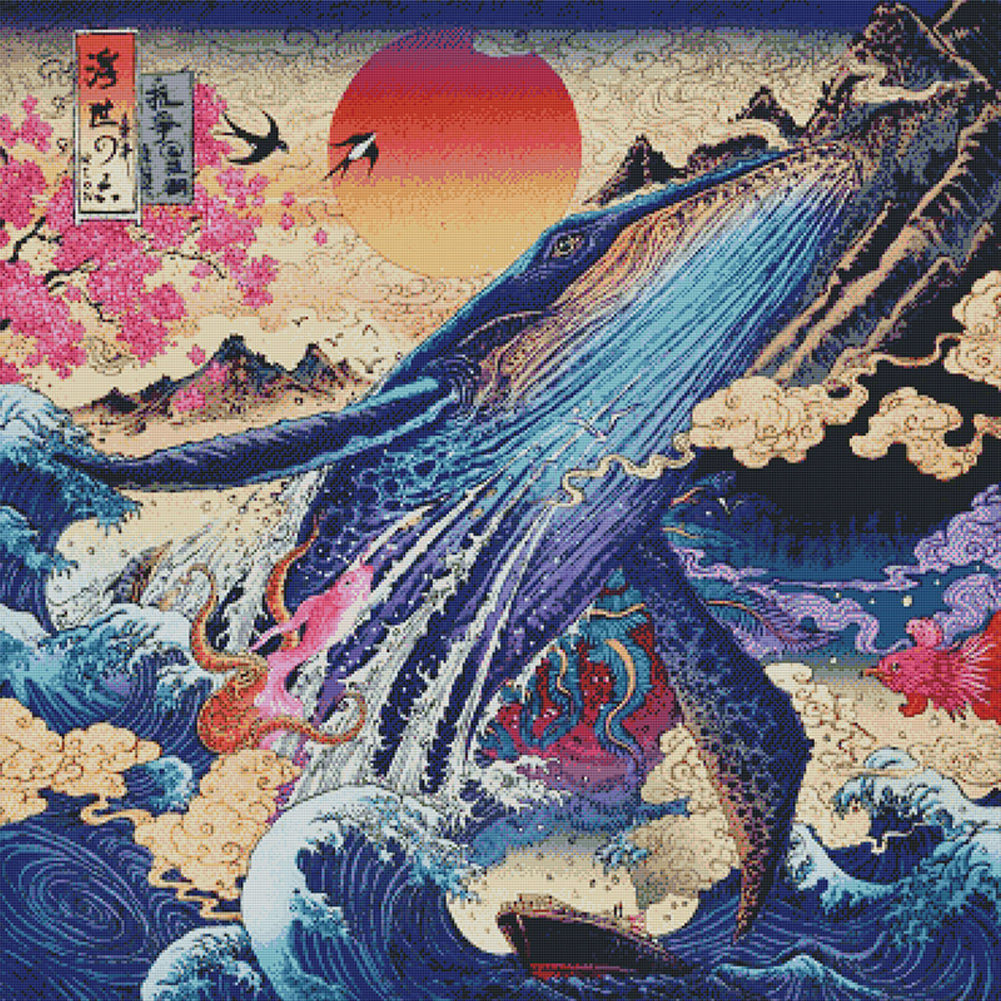 Sunset Shark Ukiyoe - 14CT Stamped Cross Stitch 75*75CM (Joy Sunday)