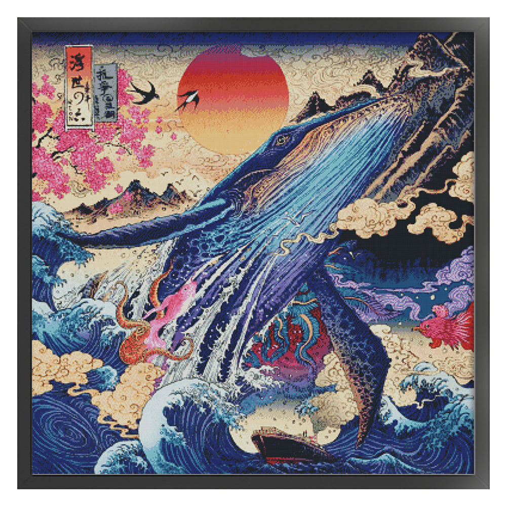 Sunset Shark Ukiyoe - 14CT Stamped Cross Stitch 75*75CM (Joy Sunday)