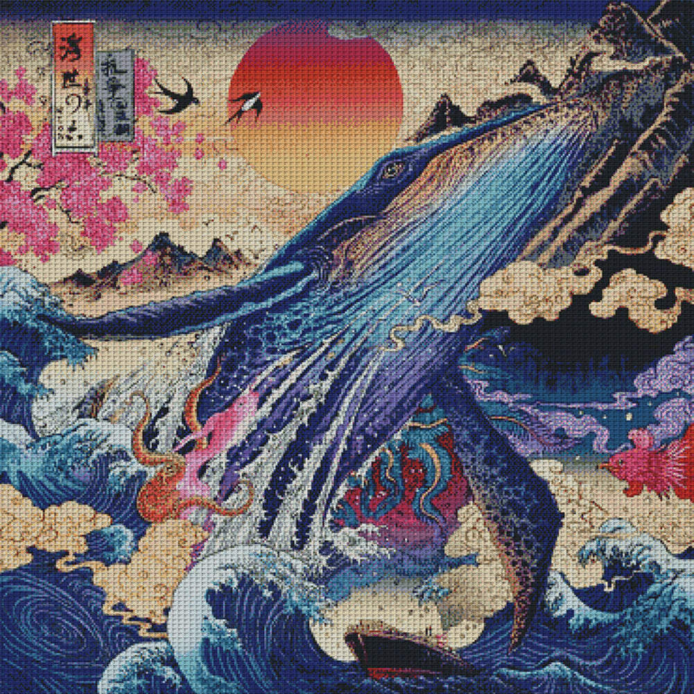 Sunset Shark Ukiyoe - 14CT Stamped Cross Stitch 75*75CM (Joy Sunday)
