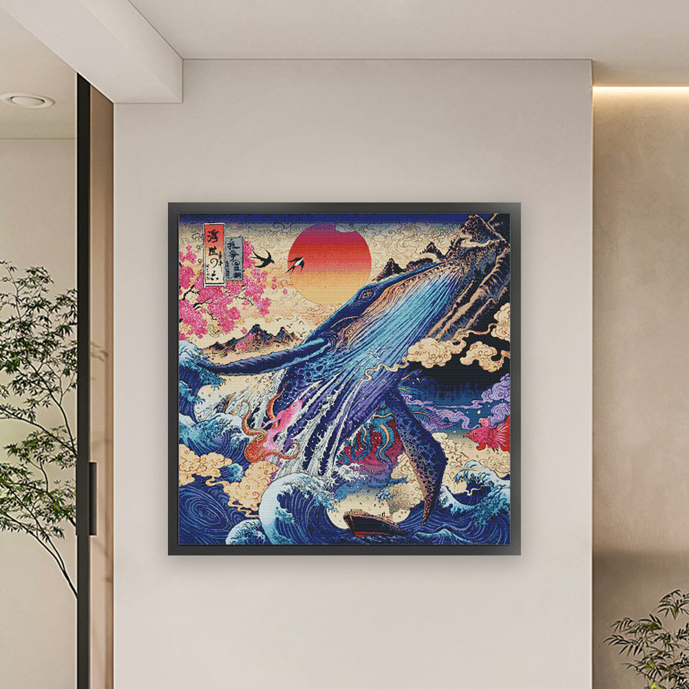 Sunset Shark Ukiyoe - 14CT Stamped Cross Stitch 75*75CM (Joy Sunday)