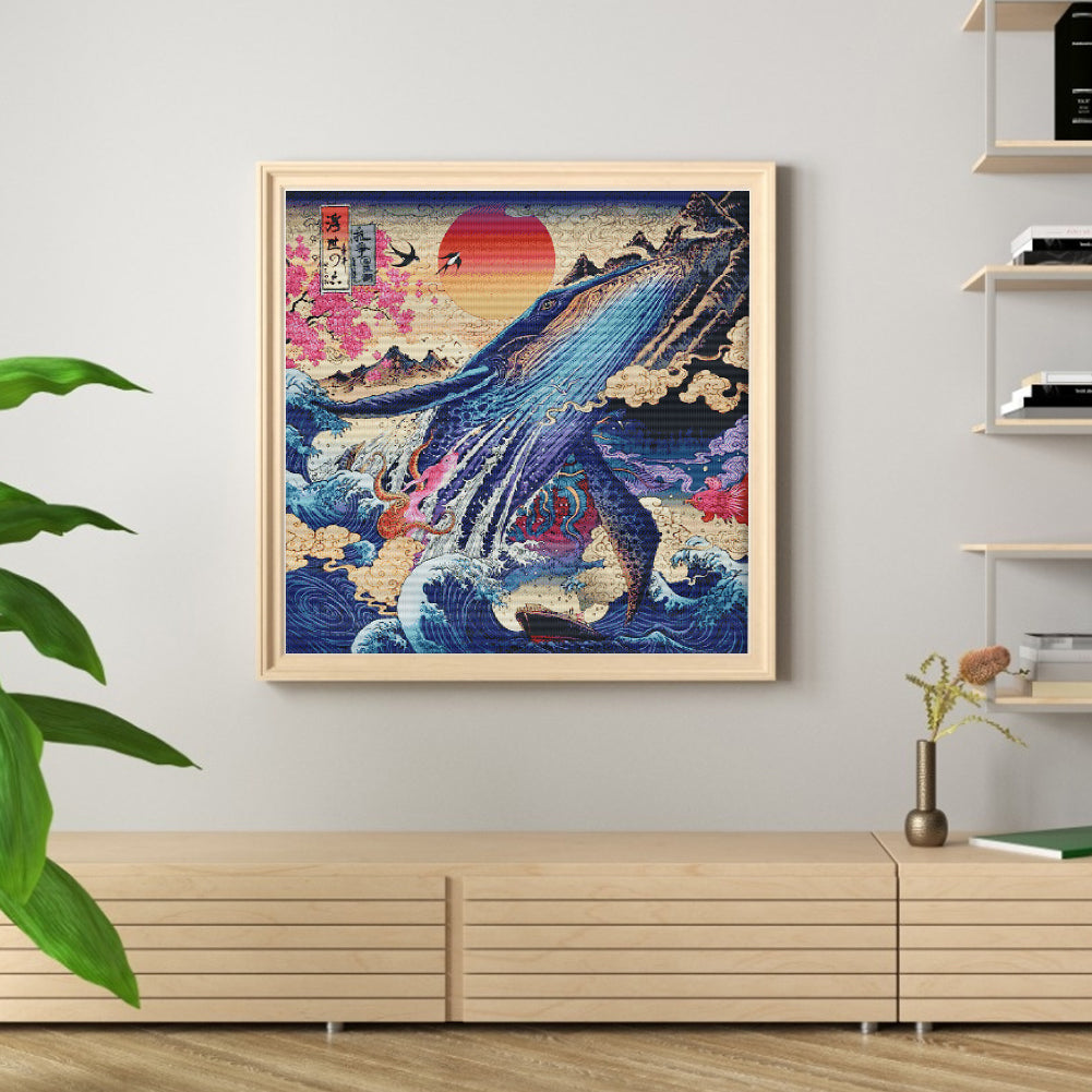 Sunset Shark Ukiyoe - 14CT Stamped Cross Stitch 75*75CM (Joy Sunday)