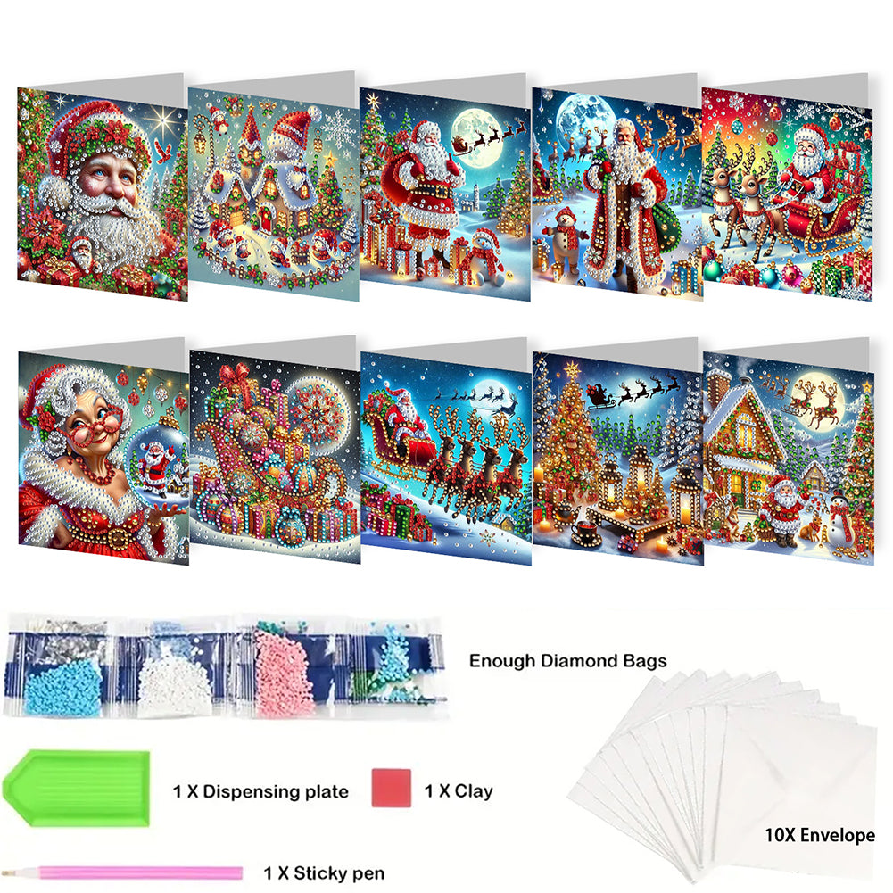 10PCS DIY Diamond Art Greeting Cards Xmas Designs for Festivals and Celebrations