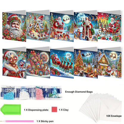 10PCS DIY Diamond Art Greeting Cards Xmas Designs for Festivals and Celebrations
