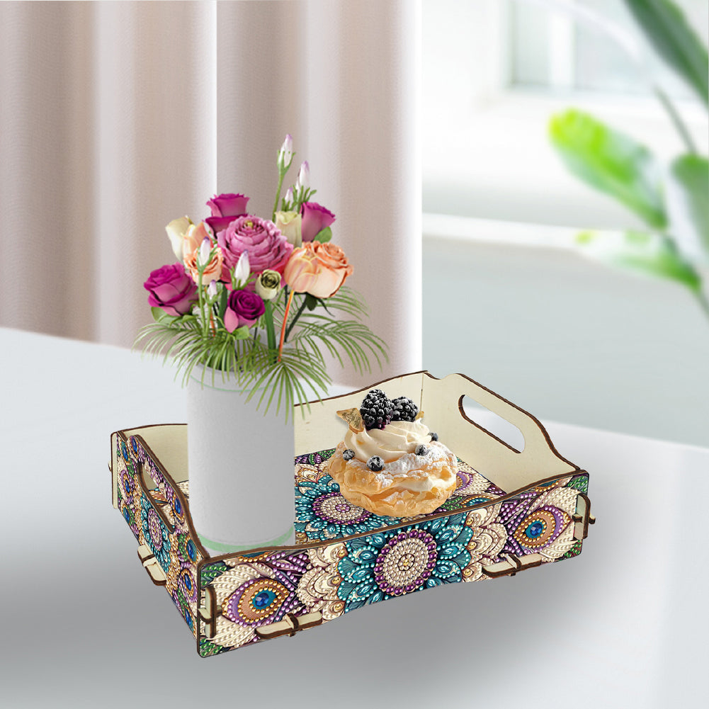 DIY Diamond Painted Dining Plate with Handle Wooden Food Tray Home Decor Gift