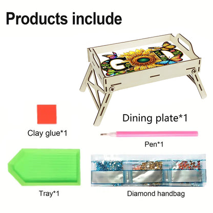 DIY Diamond Painted Dining Plate with Handle Wooden Food Tray Home Decor Gift