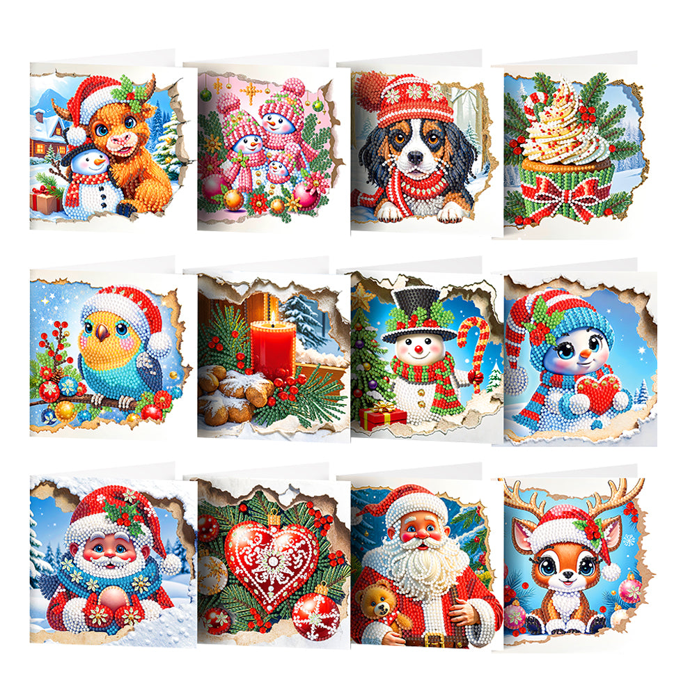 12PCS DIY Xmas Pattern Diamond Art Greeting Cards for Festivals and Celebrations