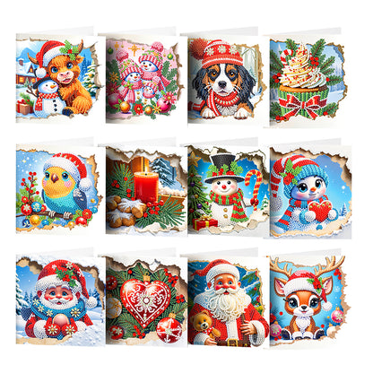 12PCS DIY Xmas Pattern Diamond Art Greeting Cards for Festivals and Celebrations