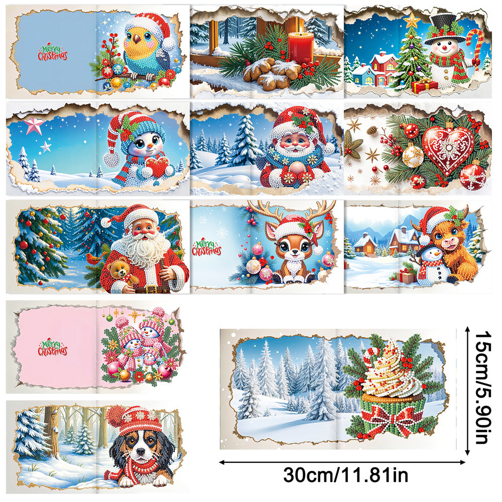 12PCS DIY Xmas Pattern Diamond Art Greeting Cards for Festivals and Celebrations